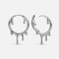 Silver-tone hoop earrings with a dripping melted design, shown front and side view as a pair