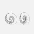 Silver Nautilus Omen Earrings with spiral shell shapes, cutout ridges, thorn-like edges, and hoop design on a clean background.