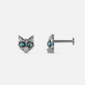 Owl Skull Ear Studs in polished titanium with turquoise stone eyes and sharp owl skull design