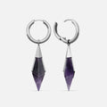 Silver Prism Apex Earrings with faceted amethyst crystal drops, polished hoops, and symmetrical double-tapered silhouette on a clean background.