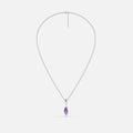 Silver-tone Prism Apex Necklace with a pointed purple crystal pendant on a fine chain, shown on a light gray background.