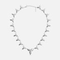 Silver-tone petal necklace with layered diamond-shaped links and a pointed pendant, laid flat