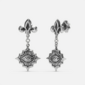 Antiqued silver-tone Radiant Witness Drop Earrings shown from front and side views with sculpted eye motifs, radiating pointed frames, and fleur-de-lis studs.