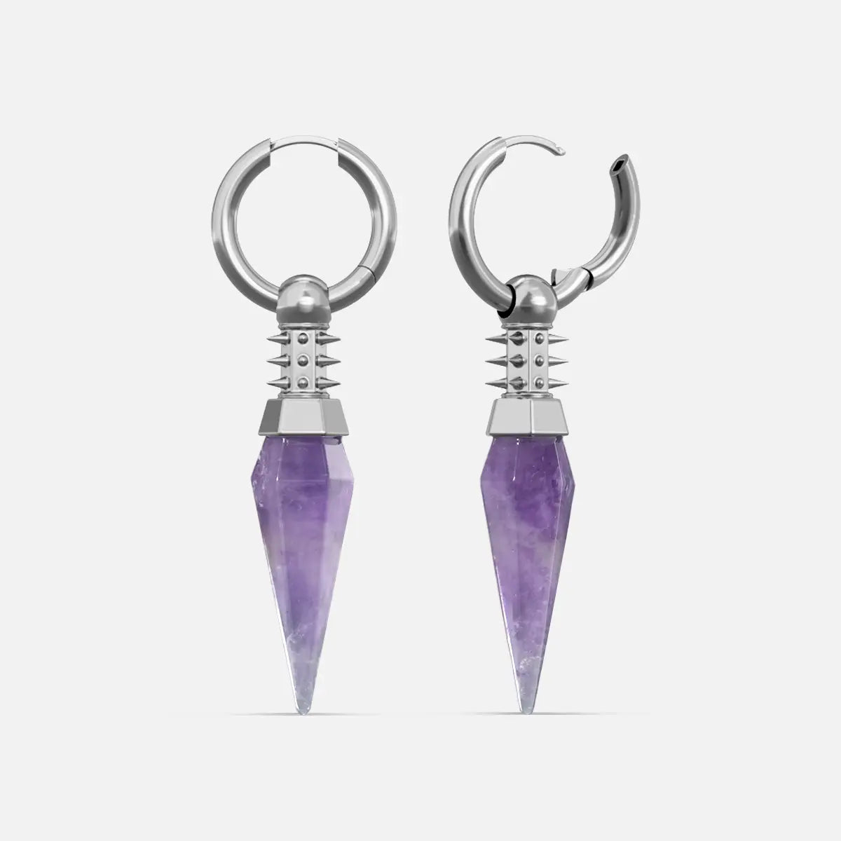 Silver Rivet Prism Earrings with faceted amethyst crystal spikes, studded cylindrical collars, polished hoops, and sharp vertical silhouette on a clean background.