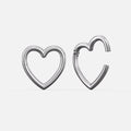 Silver-tone heart-shaped hinged ear weights, one closed and one open showing the clasp