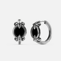Antiqued silver-tone Scrying Mirror Hoop Earrings shown from front and side views with oval black obsidian inlays and pointed accents.