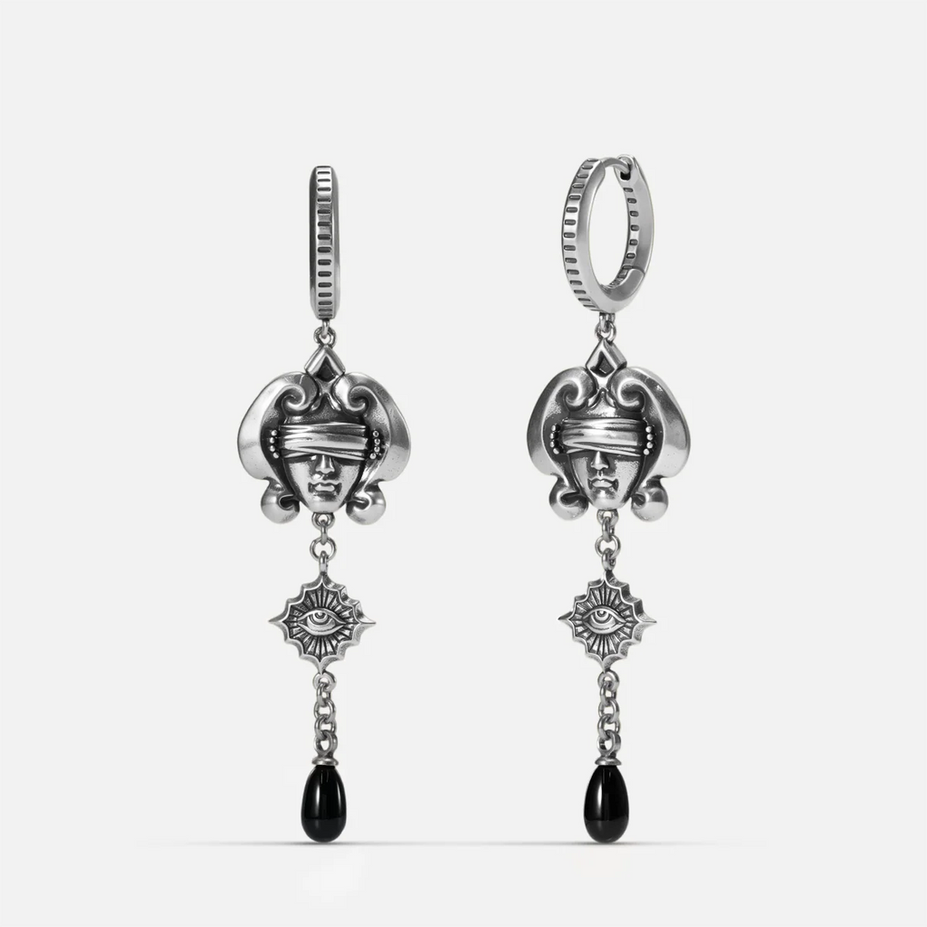 Antiqued silver-tone Second Sight Drop Earrings shown from front and side views with blindfolded face motifs, radiant eye medallions, and black teardrop accents.