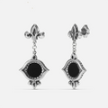 Antiqued silver-tone Silent Lens Drop Earrings shown from front and side views with round black obsidian centers and pointed eye-shaped frames.
