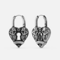 Pair of silver-tone heart lock hoop earrings with skull detailing and keyhole design, front and side view