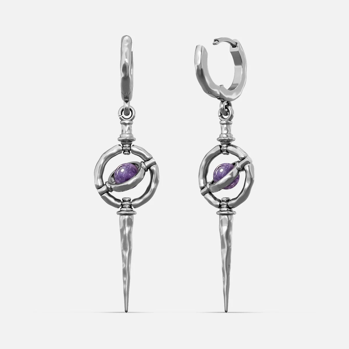 Silver-tone Stellar Orbit earrings with huggie hoops, orbit ring, purple stone center, and hammered spike drop