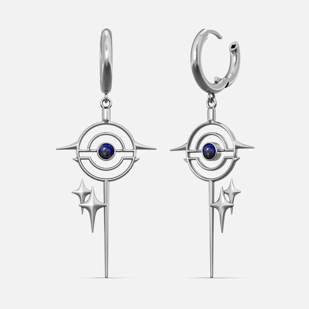 Silver-tone drop earrings with a star burst circle motif and blue stone center, front view pair