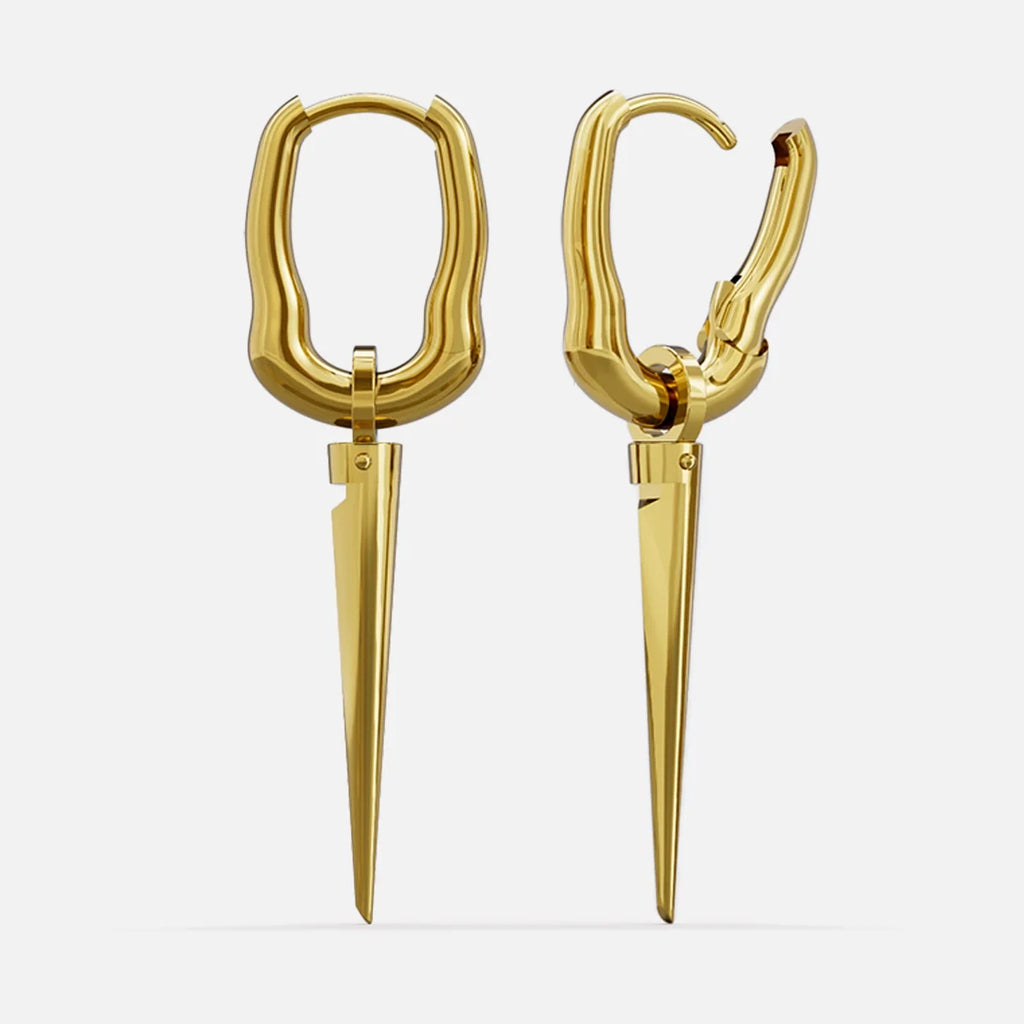 Pair of gold Tapered Edge hoop earrings with long narrow spike pendants