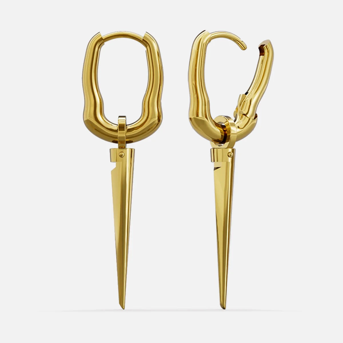 Pair of gold Tapered Edge hoop earrings with long narrow spike pendants
