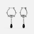Antiqued silver-tone Thorned Gaze Hoop Earrings with open thorned frames, engraved eye motifs, and suspended black teardrop accents.