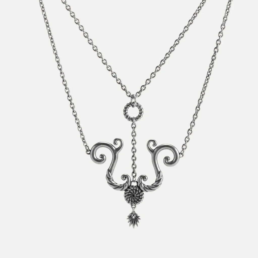 Tideworn knot necklace in antiqued silver finish with rope textured ring and layered spiral pendant