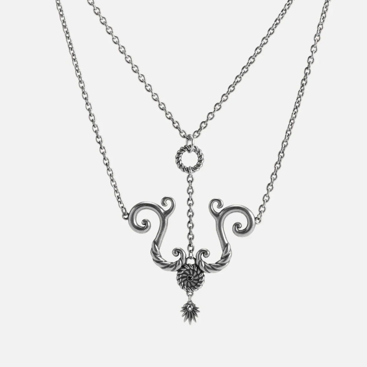 Tideworn knot necklace in antiqued silver finish with rope textured ring and layered spiral pendant