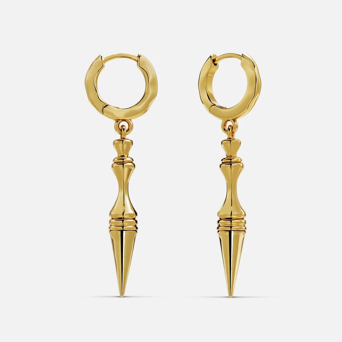 Pair of gold Timeless Spear hoop earrings with tapered pointed pendants
