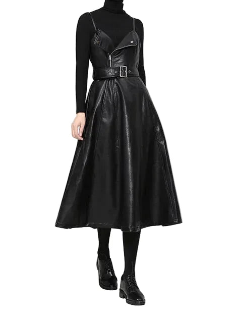 Women's Long Leather Dress Black - front studio view (1 of 4)