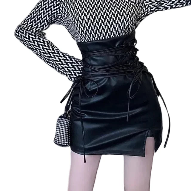 Women's Black Faux Leather Corset-Lace Mini Skirt - close-up of material and texture (2 of 3)