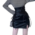 Women's Black Faux Leather Corset-Lace Mini Skirt - close-up of material and texture (2 of 3)