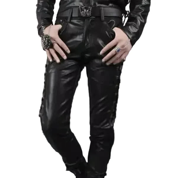 Men's Black Faux Leather Side-Lace Slim Pants - primary photo, shown with a person (1 of 2)