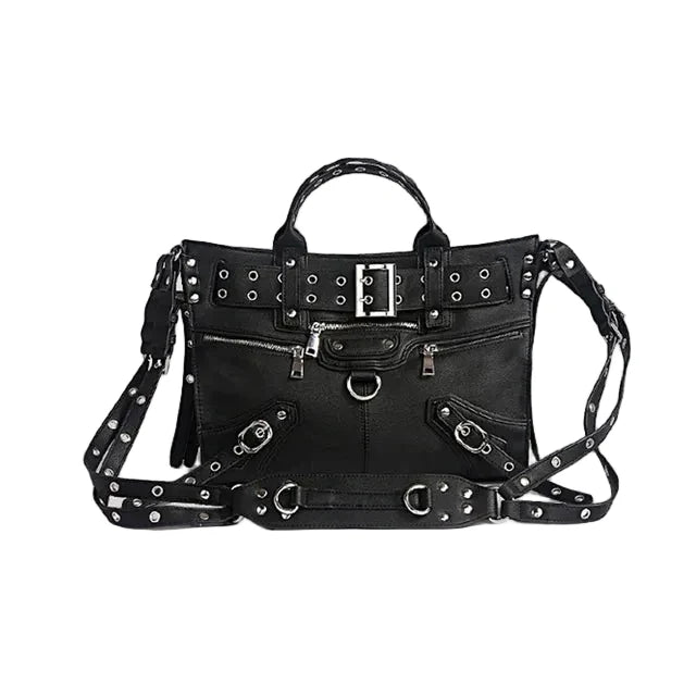 Women's Black Eyelet Buckle Faux Leather Handbag - front studio view (1 of 2)