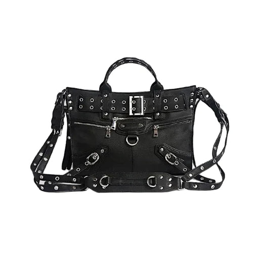 Women's Black Eyelet Buckle Faux Leather Handbag - front studio view (1 of 2)