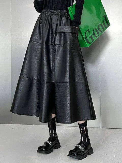 Women's Black Faux Leather Flared Midi Skirt - primary lifestyle photo (1 of 3)