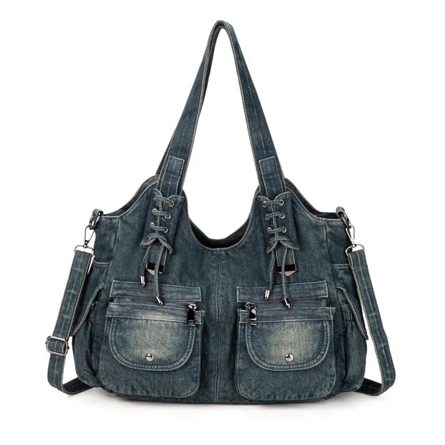 Women's Blue Denim Multi-Pocket Shoulder Tote - front studio view (1 of 2)