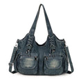Women's Blue Denim Multi-Pocket Shoulder Tote - front studio view (1 of 2)