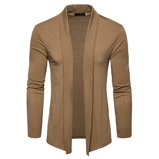 Men's Black Open-Front Shawl Knit Cardigan - alternate view, shown with a person (3 of 5)