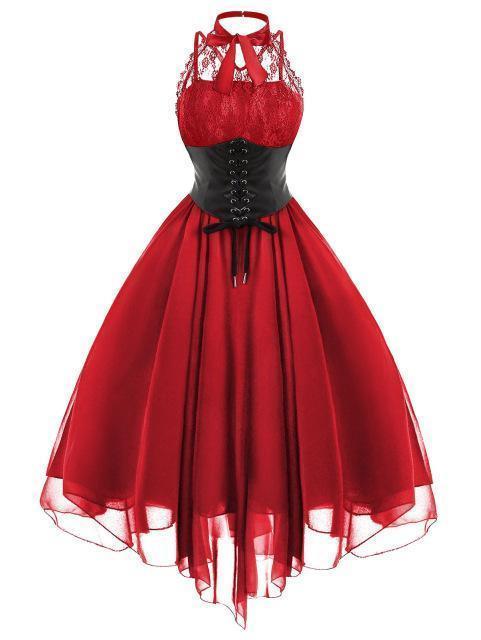Women's Black Halter Lace Corset Midi Dress - alternate view, shown with a person (3 of 3)