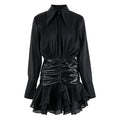Women's Black Collar Faux-Leather Waist Mini Dress - front studio view (1 of 3)