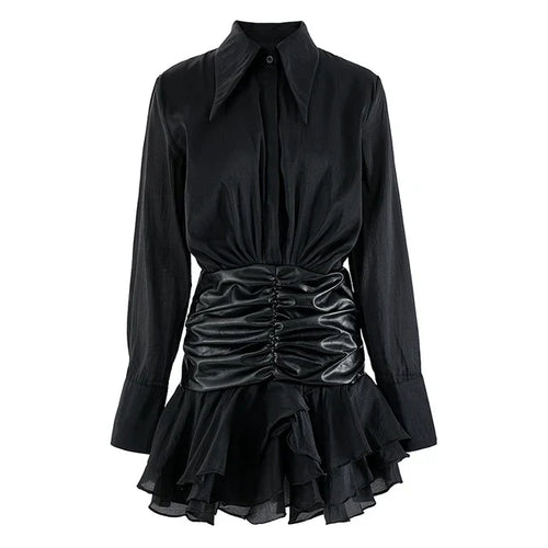 Women's Black Collar Faux-Leather Waist Mini Dress - front studio view (1 of 3)