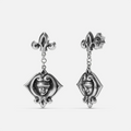 Antiqued silver-tone Veiled Seer Drop Earrings shown from front and side views with blindfolded face motifs, pointed eye-shaped frames, and fleur-de-lis studs.