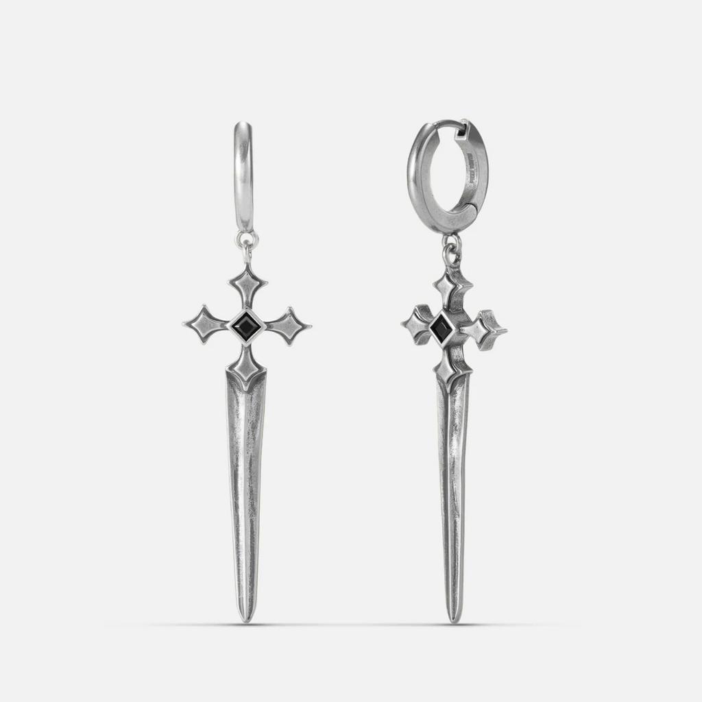 Vesper Blade Earrings in antiqued silver with long blade-shaped cross drops and black obsidian, shown front and back on white