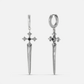 Vesper Blade Earrings in antiqued silver with long blade-shaped cross drops and black obsidian, shown front and back on white