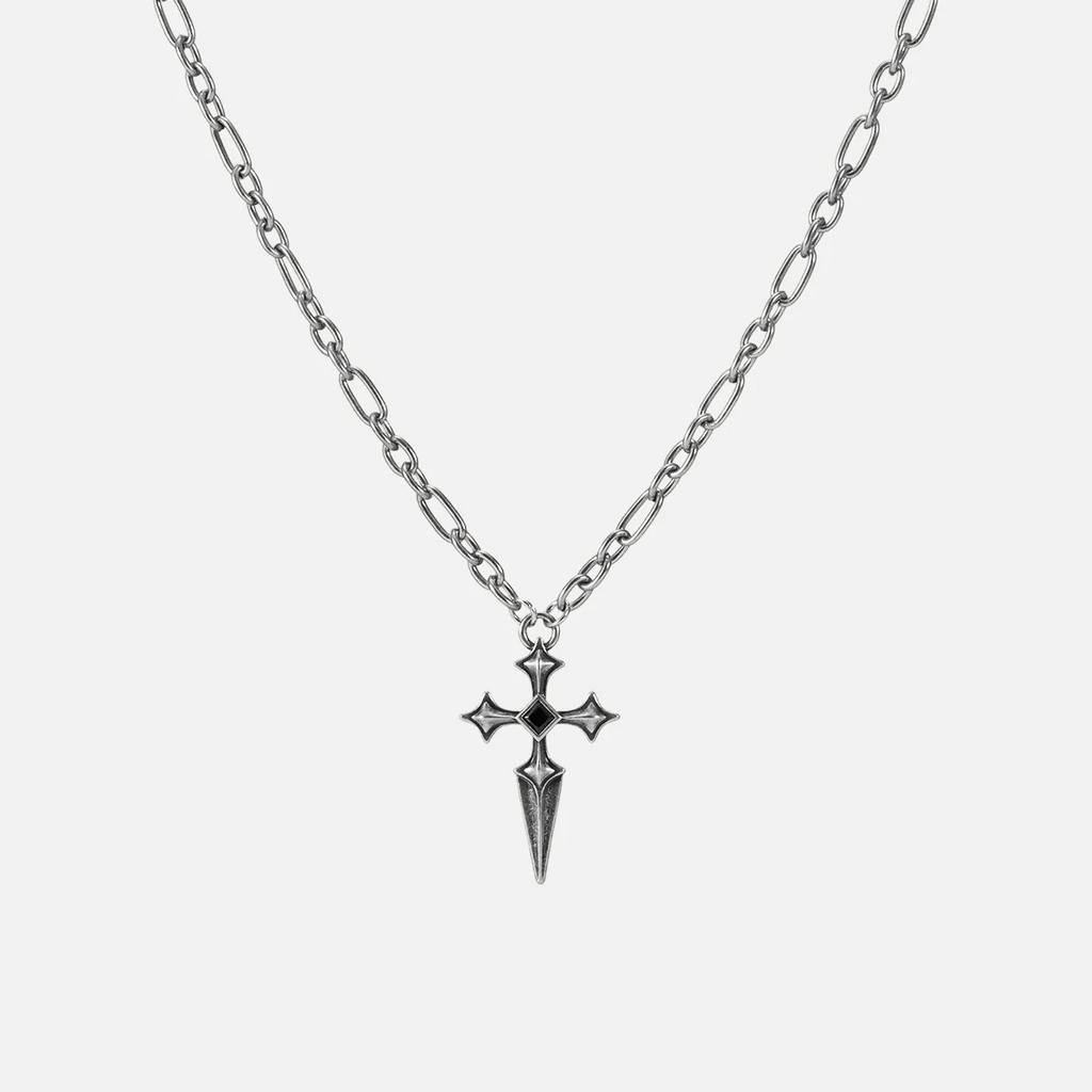 Vesper Blade Necklace in antiqued silver with a blade-shaped cross pendant and black obsidian, shown full length on white.