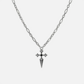 Vesper Blade Necklace in antiqued silver with a blade-shaped cross pendant and black obsidian, shown full length on white.