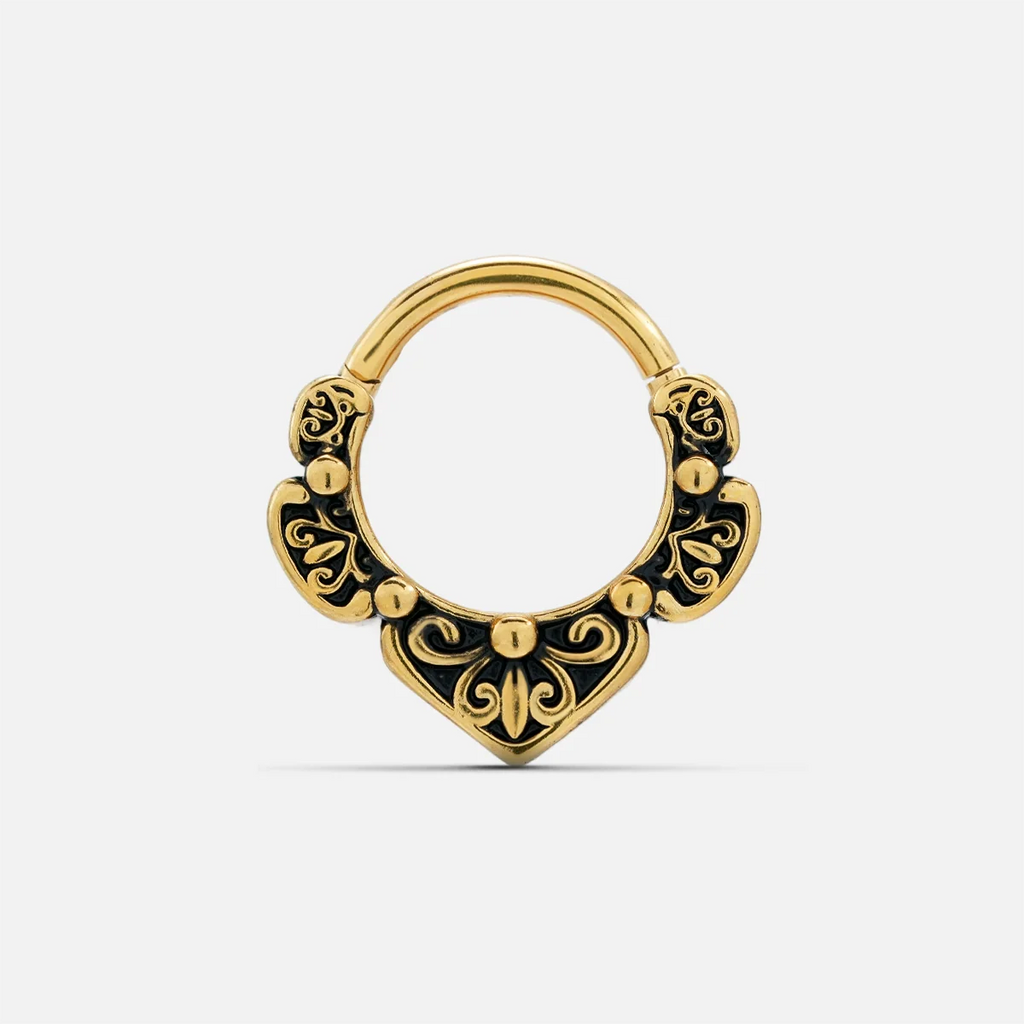 Gold-tone Victorian Bloom septum clicker with black recessed accents and ornate symmetrical scrollwork