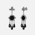 Antiqued silver-tone Votive Mirror Earrings shown from front and side views with round black obsidian centers, eye-shaped frames, and three suspended black drops.