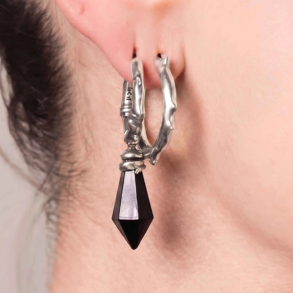 WRAPPED RELIC EARRINGS  (SILVER-OBSIDIAN)