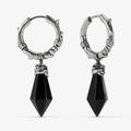Silver Wrapped Relic Earrings with black obsidian dagger drops, hammered hoops, and wire-wrapped relic details on a clean background.