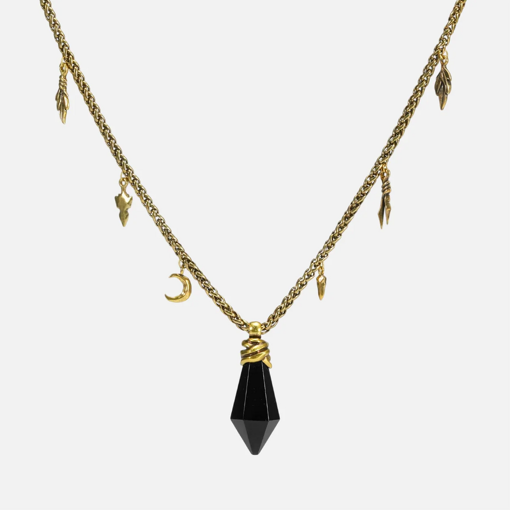 Wrapped Relic Necklace in 18K gold plating with black obsidian stone pendant and antiqued finish