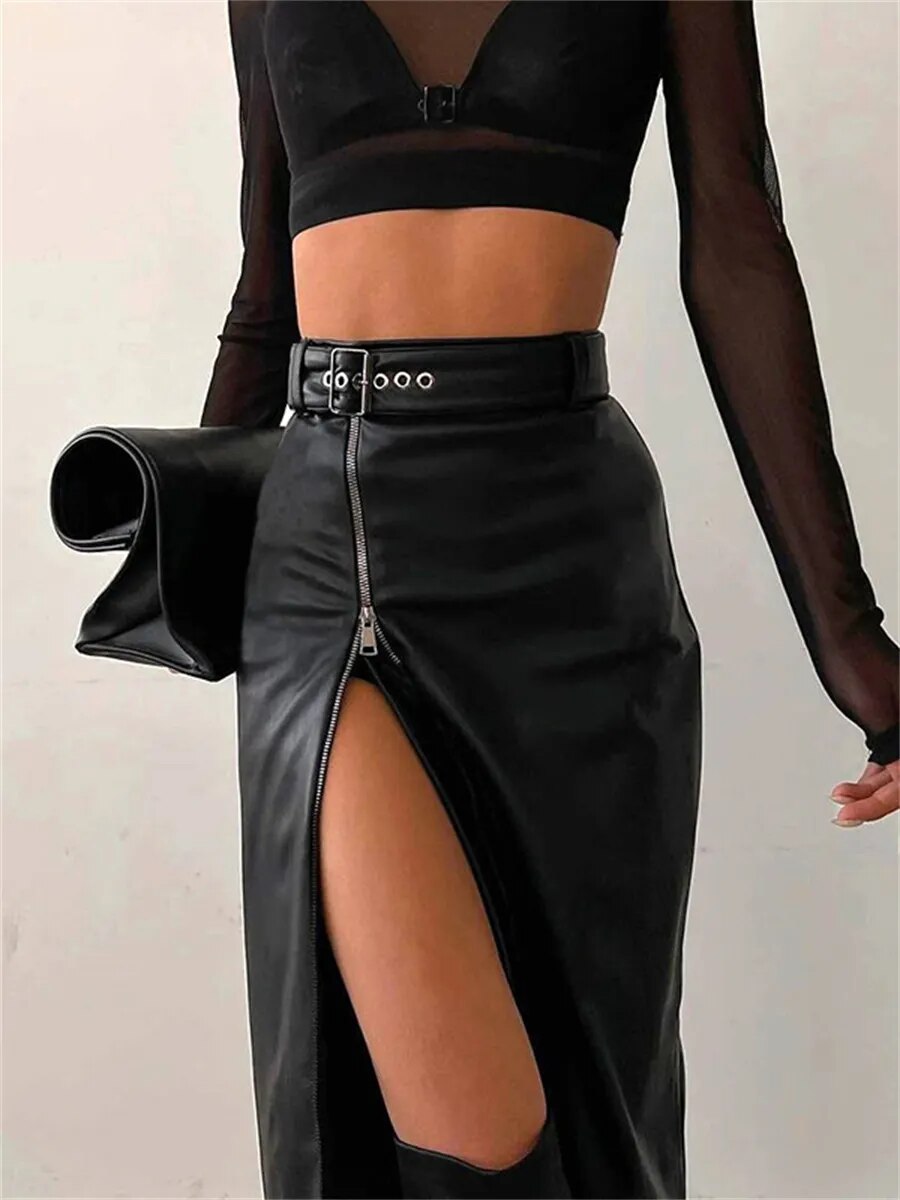 Black High-Waist PU Leather Midi Skirt