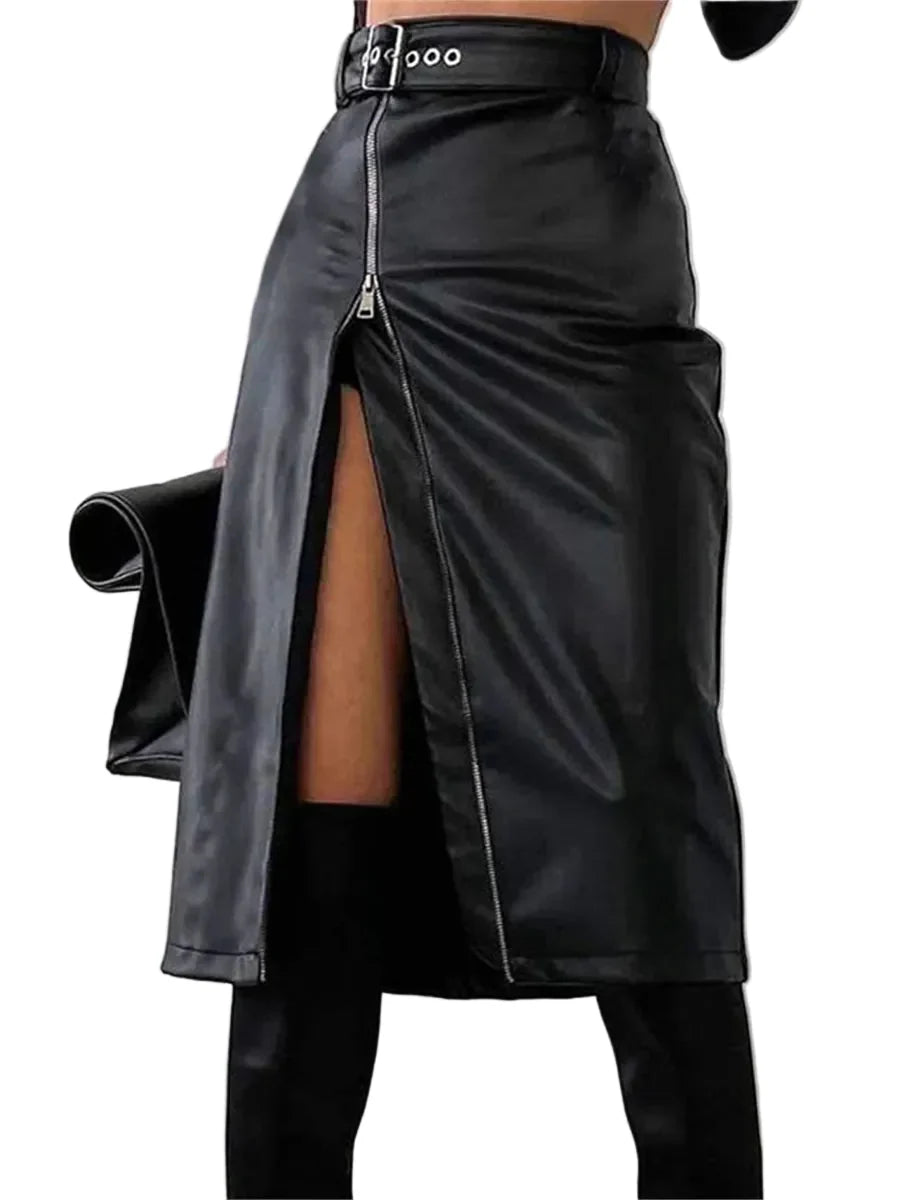 Black High-Waist PU Leather Midi Skirt