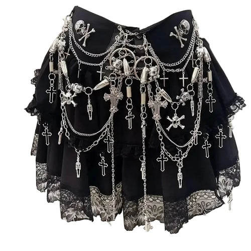 Women's Black Chain-Charm Tiered Mini Skirt - front studio view